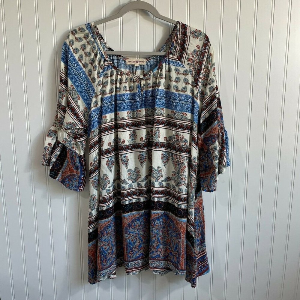 Altar'd State Women's Small Colorful Bohemian 3/4 Sleeve Tunic Blouse Oversized
